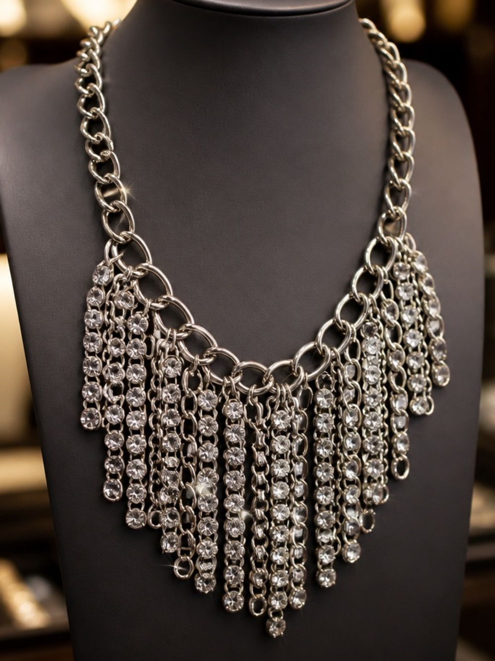 Vintage Silver Crystal Fringe Necklace - Women Jewelry